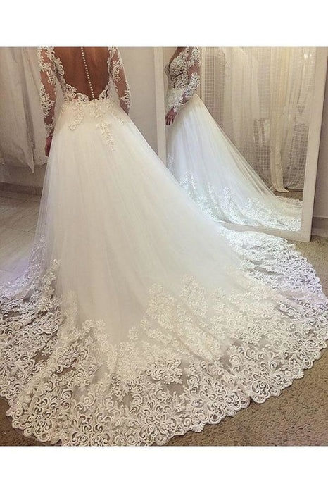 Elegant Beading Lace Long Sleeve Sheer Neck Ball Gown Wedding Dress - Wedding Dresses