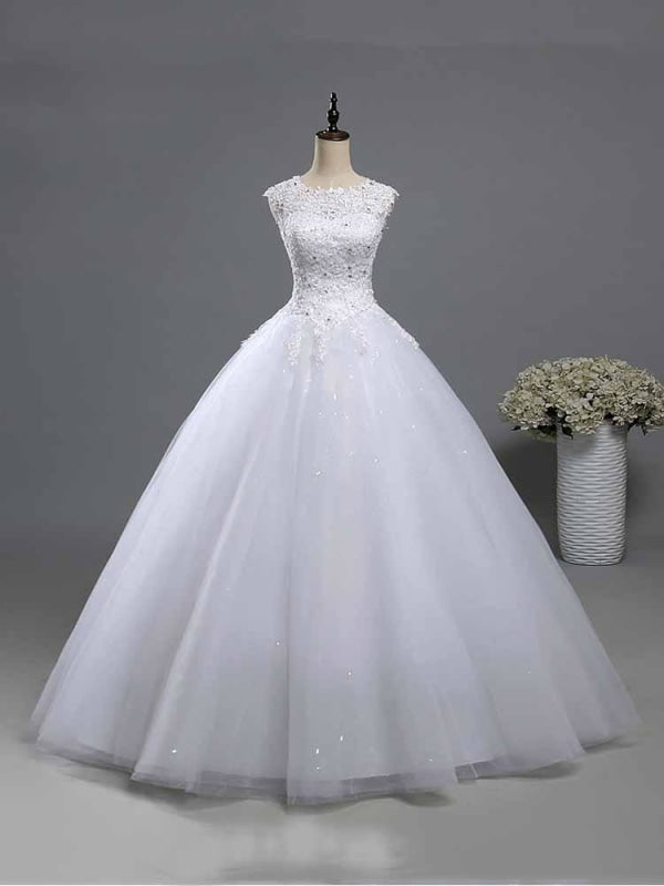 Elegant Beads Lace-Up Ruffles Wedding Dresses - Pure White / Floor Length - wedding dresses
