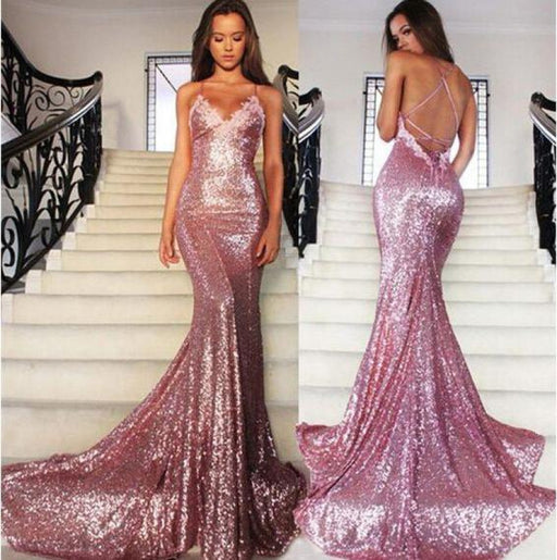 Elegant Elegant Beautiful Gorgeous Rose Gold Spaghetti Straps V-neck Mermaid Sequins Sweep Train Prom Dress - Prom Dresses