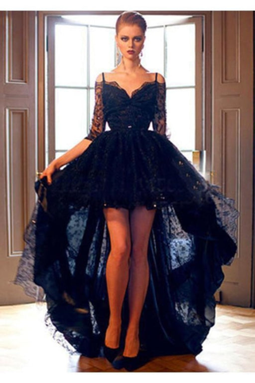 Elegant Black Lace High-low Half Sleeves Prom Evening Dress - Prom Dresses