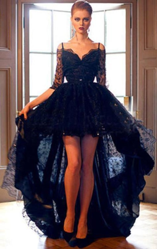 Elegant Black Lace High-low Half Sleeves Prom Evening Dress - Prom Dresses