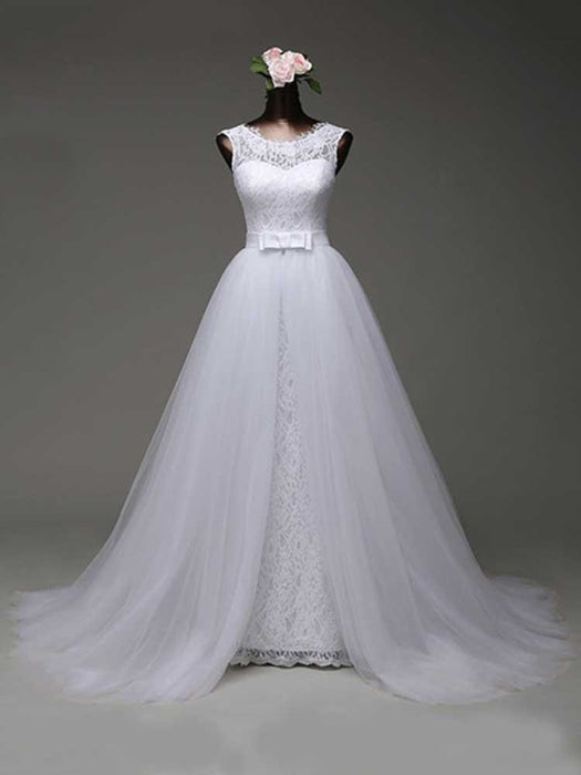 Elegant Bow Lace-Up Tulle Mermaid Wedding Dresses - ivory / Floor Length - wedding dresses