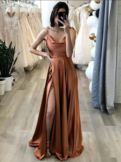 Elegant Brown Satin Long Prom Dresses with High Slit, Long Brown Forma — Bridelily