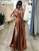 Elegant Brown Satin Long Prom Dresses with High Slit, Long Brown Formal Graduation Evening Dresses 