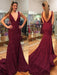 Elegant Burgundy V Neck Mermaid Backless Sequins Long Prom Dresses with Sweep Train, Mermaid Burgundy Formal Dresses, Evening Dresses