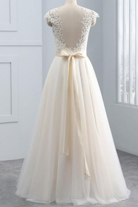 Elegant Cap Sleeve Lace Tulle A-line Wedding Dress - Wedding Dresses
