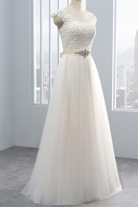 Elegant Cap Sleeve Lace Tulle A-line Wedding Dress - Wedding Dresses