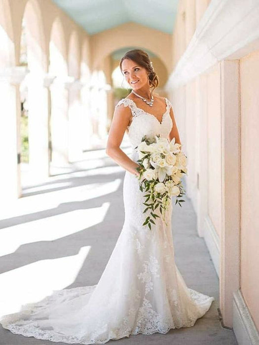 Elegant Cap Sleeves Lace Sweep Train Mermaid Wedding Dresses - wedding dresses