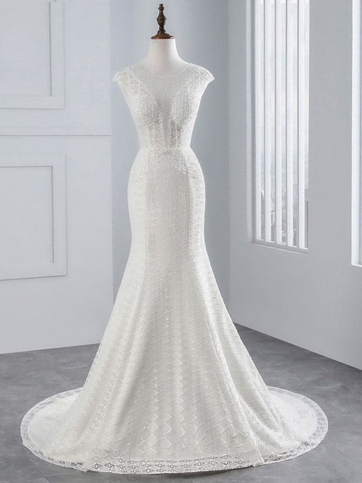 Elegant Cap Sleeves Lace-up Mermaid Wedding Dresses - Ivory / Floor Length - wedding dresses