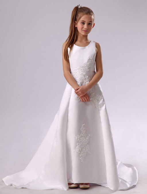 Elegant Crew Neck White Flower Girl Dress Applique Satin Long Dress 
