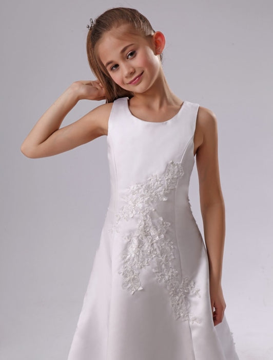Elegant Crew Neck White Flower Girl Dress Applique Satin Long Dress 
