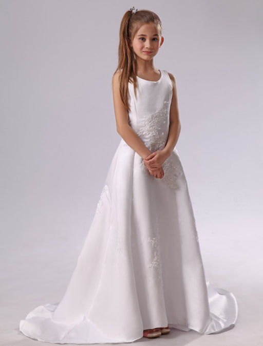 Elegant Crew Neck White Flower Girl Dress Applique Satin Long Dress 
