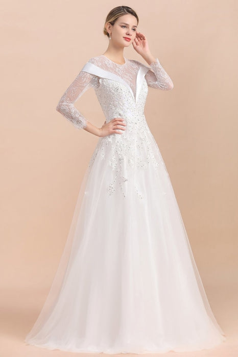 Elegant Floor Length Lace Long Sleeve Wedding Dress - Wedding Dresses