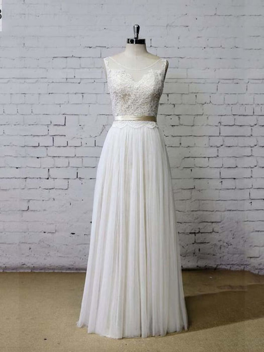 Elegant Floor Length Lace Tulle A-line Wedding Dresses - Ivory / Floor Length - wedding dresses