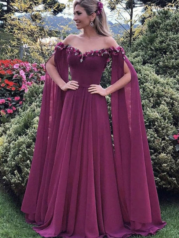 Elegant Floral Purple Chiffon Long Prom, Purple Formal Graduation Even —  Bridelily