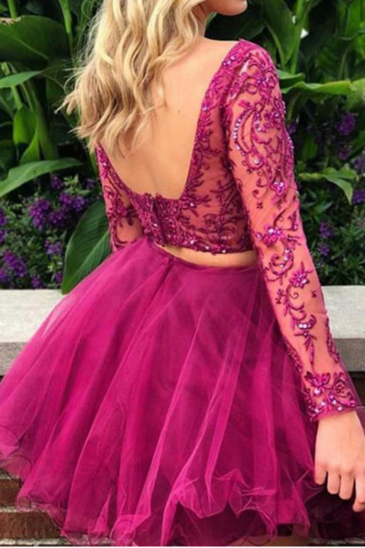 Elegant Glorious Fuchsia Two Piece Long Sleeves Tulle Homecoming with Beading Short Prom Dress - Prom Dresses