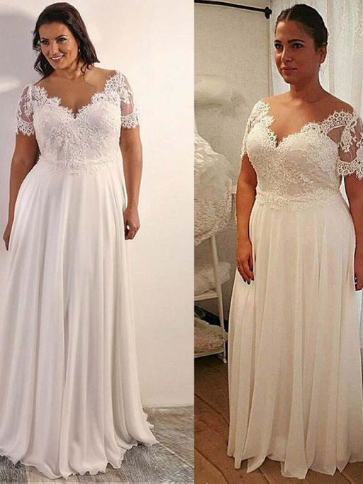 Elegant Half Sleeves V-Neck Lace A-Line Wedding Dresses - wedding dresses