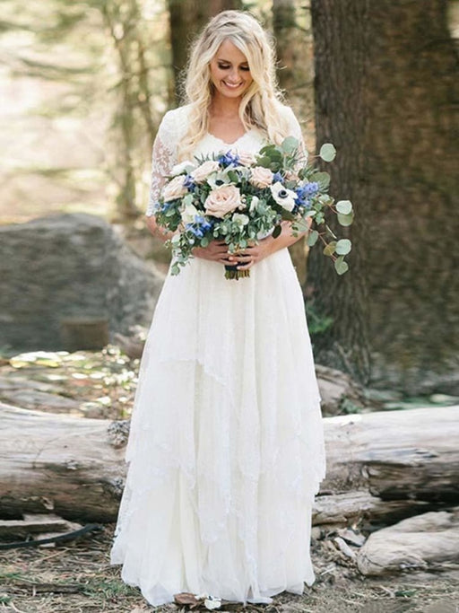 Elegant Half Sleeves V-neck Lace Boho Wedding Dress - Ivory / Floor Length - wedding dresses