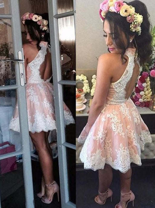 Elegant High Neck Homecoming with White Lace Sweet 16 Graduation Dress - Prom Dresses