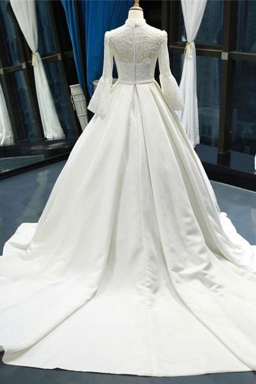 Elegant High Neck Long Sleeve Satin Wedding Dresses - Wedding Dresses