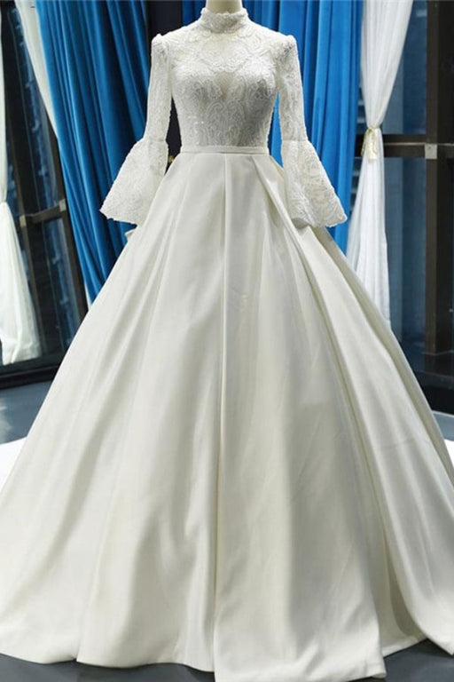 Elegant High Neck Long Sleeve Satin Wedding Dresses - Wedding Dresses