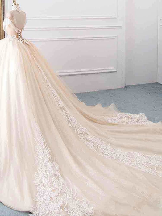 Elegant High Neck Tassel Sleeves Ball Gown Wedding Dresses - wedding dresses