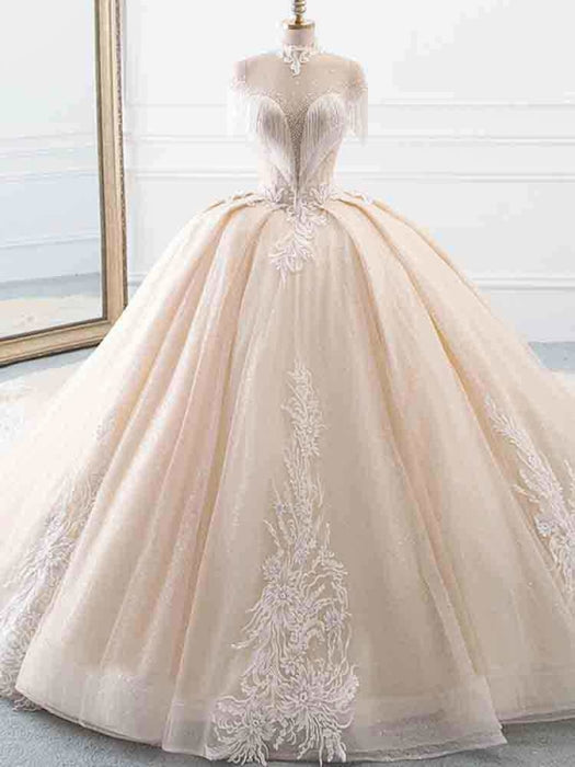 Elegant High Neck Tassel Sleeves Ball Gown Wedding Dresses - Champagne / Floor Length - wedding dresses