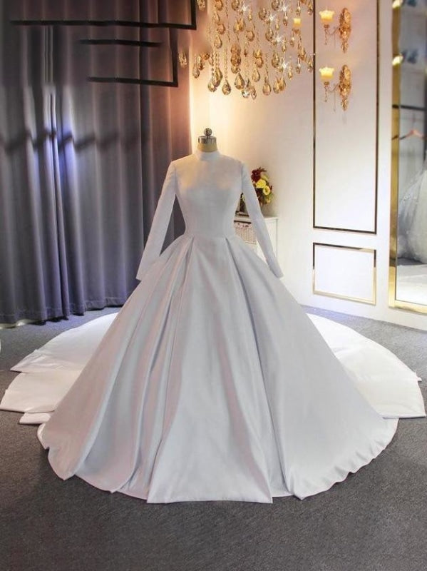 Elegant High Neckline Satin Wedding Dresses with Long Train - wedding dresses