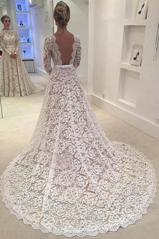 Elegant Ivory A-line Bateau Lace Long Sleeve Backless Wedding Dress - Wedding Dresses