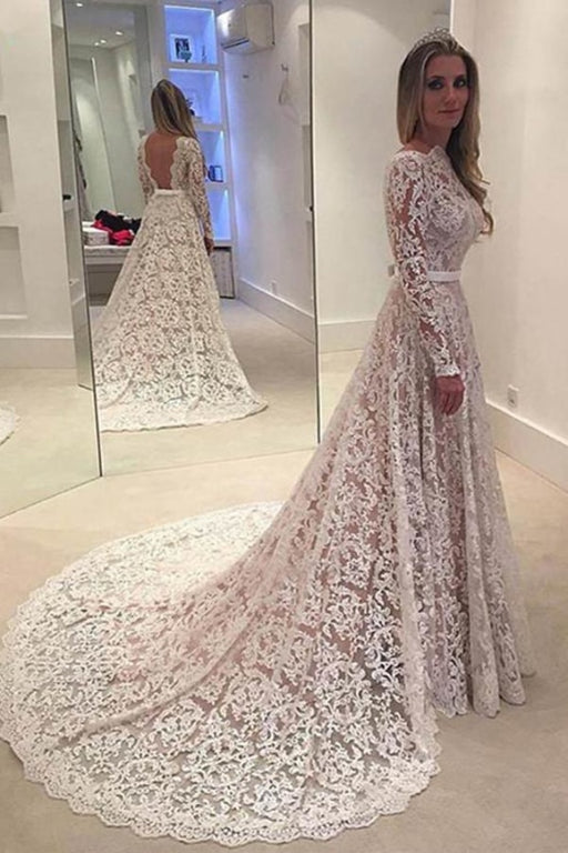 Elegant Ivory A-line Bateau Lace Long Sleeve Backless Wedding Dress - Wedding Dresses