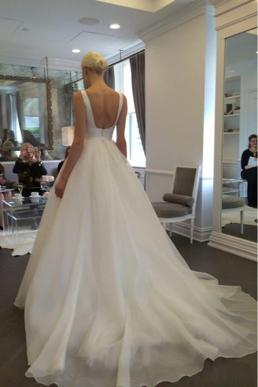 Elegant Ivory Bateau Backless Sleeveless A-line Tulle Wedding Dress - Wedding Dresses