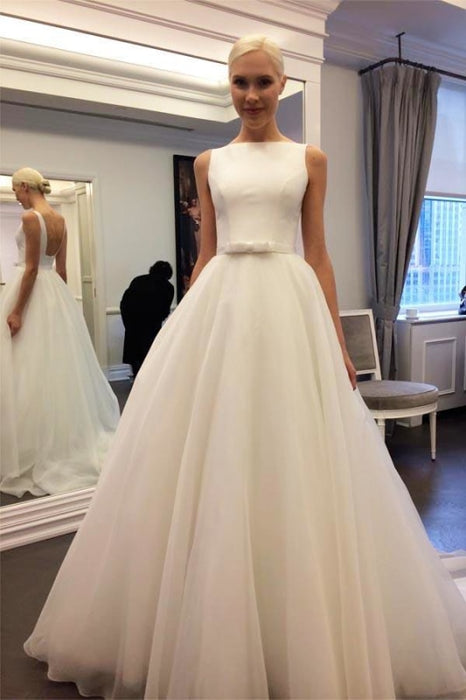 Elegant Ivory Bateau Backless Sleeveless A-line Tulle Wedding Dress - Wedding Dresses