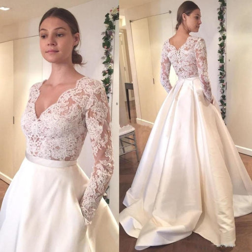 Elegant Ivory Sleeves Sweep Train Satin Long Wedding Dress with Top Lace - Prom Dresses