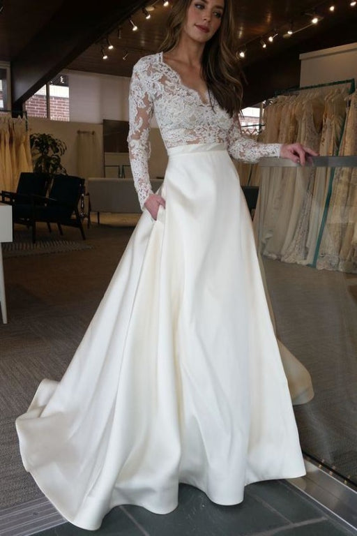Elegant Ivory Sleeves Sweep Train Satin Long Wedding Dress with Top Lace - Prom Dresses