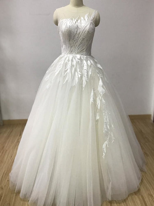 Elegant Lace A-Line Tulle Wedding Dresses - White / Floor Length - wedding dresses