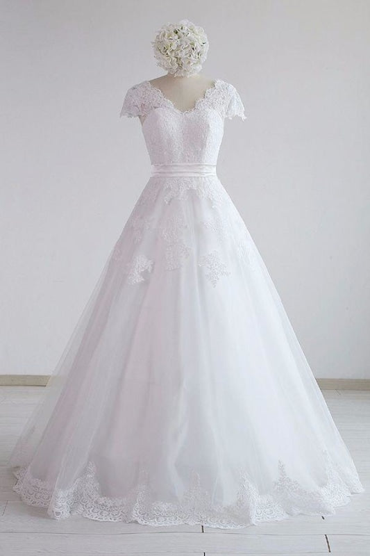 Elegant Lace Cap Sleeve Tulle A-line Wedding Dress - Wedding Dresses