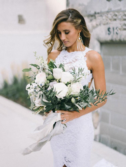 Elegant Lace Open Back Strapless Mermaid Beach Wedding Dress - Bridelily Elegant Lace Open Back Strapless Mermaid Beach Wedding Dress - Bridelily