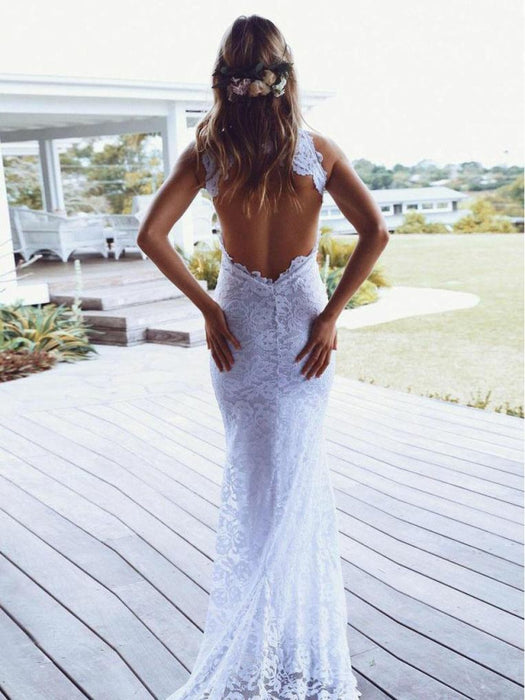 Elegant Lace Open Back Strapless Mermaid Beach Wedding Dress - Bridelily Elegant Lace Open Back Strapless Mermaid Beach Wedding Dress - Bridelily