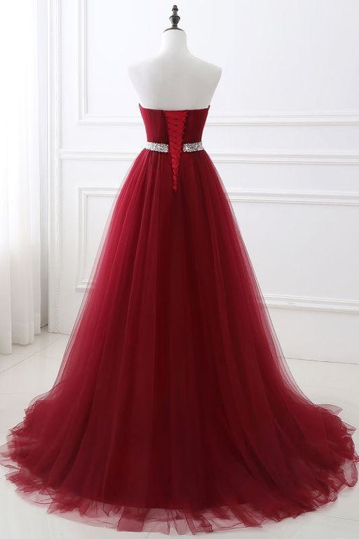 Elegant Lace-up Strapless Sweetheart Tulle Red Prom Dress - Prom Dress