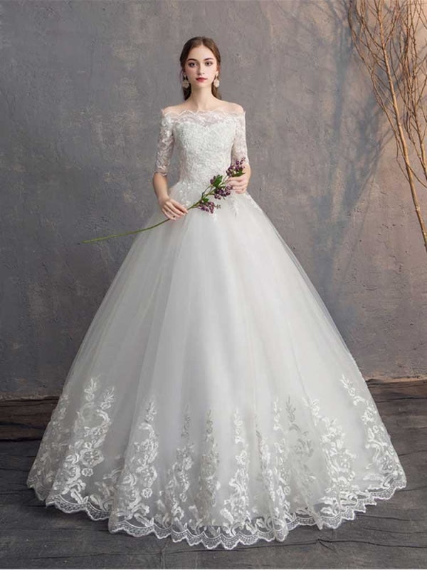 Elegant Lace-Up Tulle Ball Gown Wedding Dresses - White / Floor Length - wedding dresses