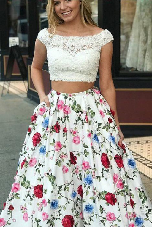 Elegant Latest Two Piece Cap Sleeves Floral with Lace New Style Backless Prom Dresses - Prom Dresses