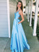 Elegant Light Blue A Line V Neck Floor Length Satin Long Prom Dresses with Pocket, Light Blue Formal Dresses, Evening Dresses 2019