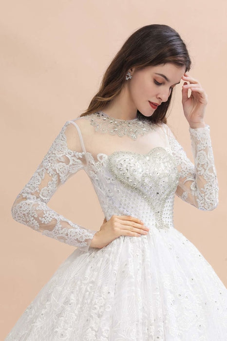 Elegant Long Sleeve Ctystal Beaded Lace Ball Gown Wedding Dress - wedding dresses