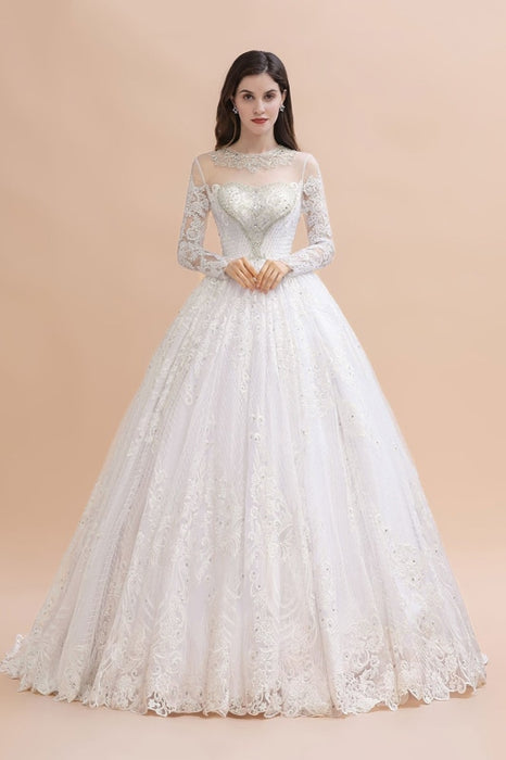 Elegant Long Sleeve Ctystal Beaded Lace Ball Gown Wedding Dress — Bridelily