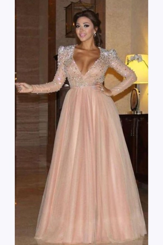 Elegant Long Sleeve Formal Dress with Beads A Line Sparkle V Neck Evening Dresses - Prom Dresses