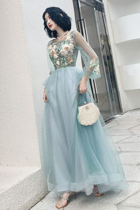 Elegant Long Sleeves Appliqued Tulle Prom Floor Length Appliques Evening Dress - Prom Dresses