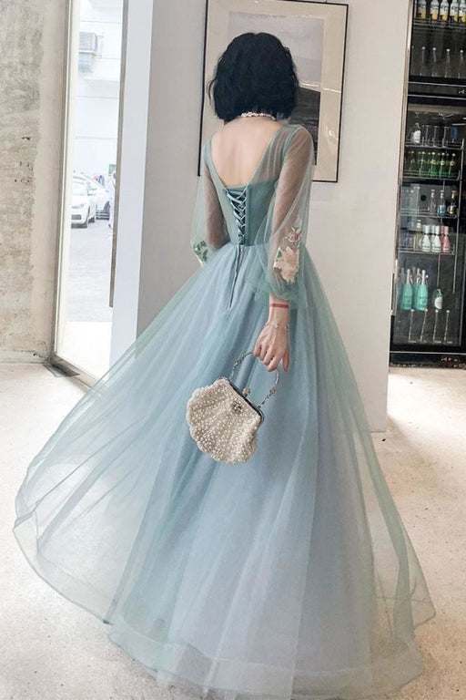 Elegant Long Sleeves Appliqued Tulle Prom Floor Length Appliques Evening Dress - Prom Dresses
