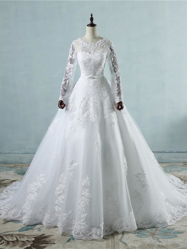 Elegant Long Sleeves Corset lace up Wedding Dresses - Pure White / Floor Length - wedding dresses