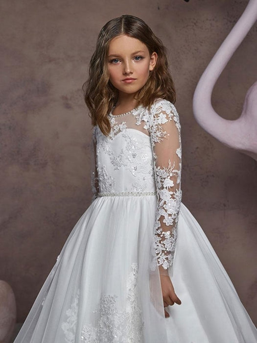 Flower Girl Dresses Jewel Neck Long Sleeves Embroidered Kids Party Dresses