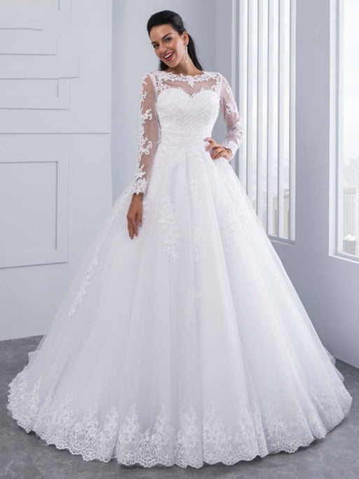Elegant Long Sleeves Lace Appliques Ball Gown Wedding Dresses - White / Floor Length - wedding dresses